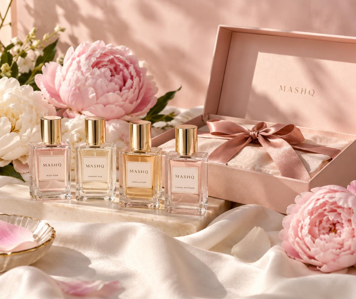 MASHQ perfume gift packaging concept with pink ribbons and flowers