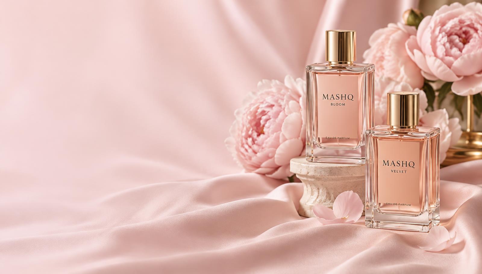 Perfume bottles and pink silk fragrance concept